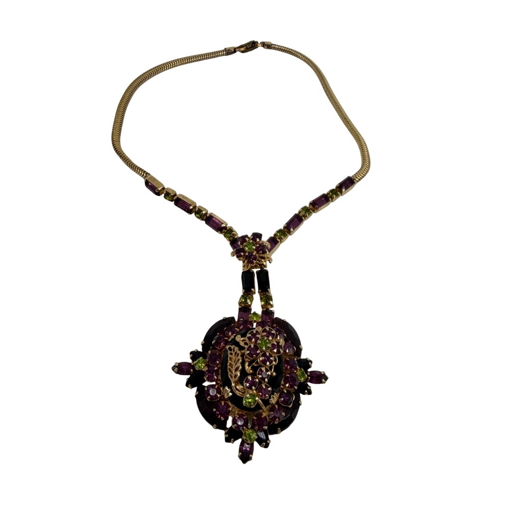 Vintage Rhinestone Floral Pendant Necklace Purple Gold